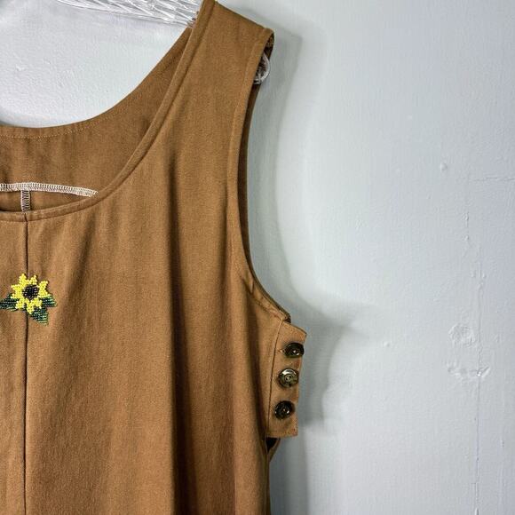 Handmade Brown Denim Jumper Dress Beaded Sunflower Embellishment Modest Size L - Picture 9 of 11